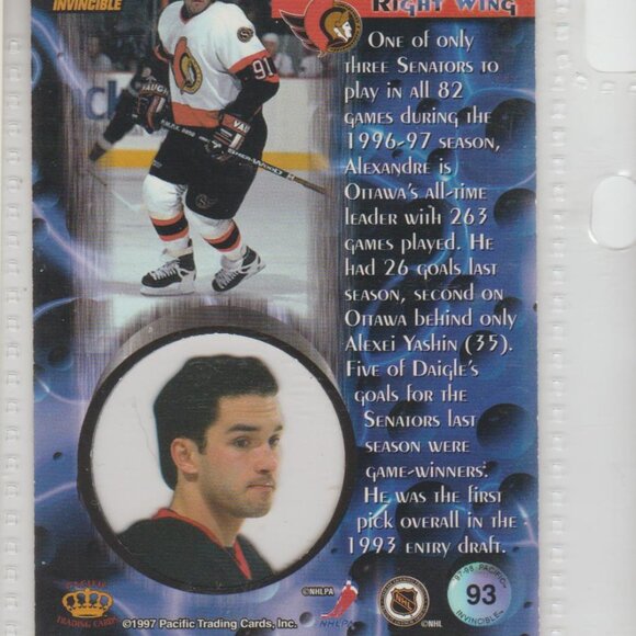 Alexandre Daigle 1997-98 Pacific Invincible Senators #93 - Picture 2 of 2